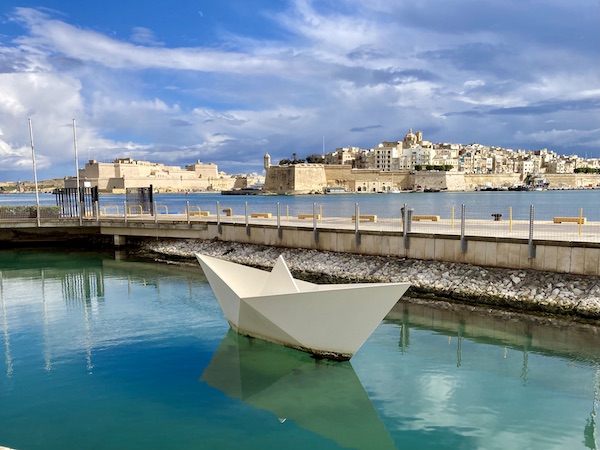 Boat sculpture in the water at the Valletta Waterfront in Malta