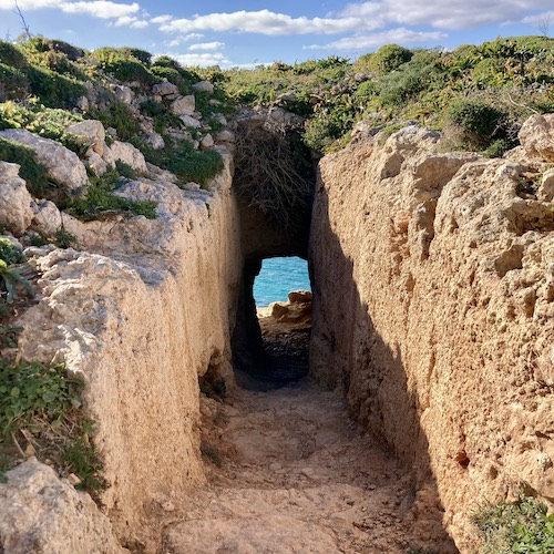 Grass covered entrance tunnel to the Tal Mixta Cave in Gozo Malta