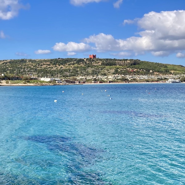 View to St Agatha's Tower from Blu Beach Club in Mellieha Malta