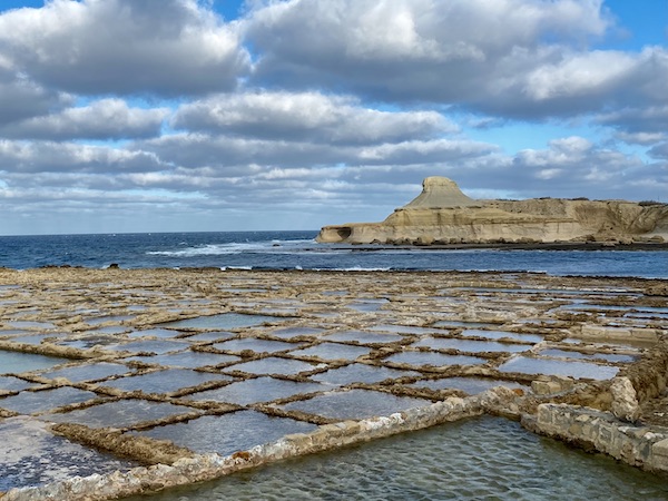 Sea landscape at Xwenjni Salt Pans in Gozo Malta